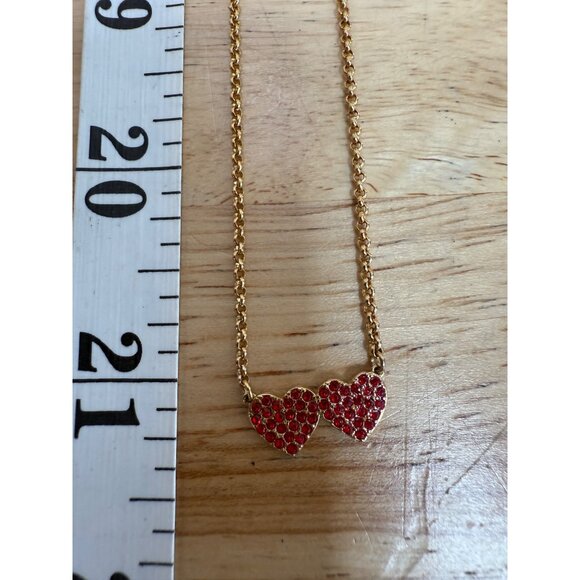 Kate Spade Gold Chain Necklace With Red Crystal Double Heart Pendant - Picture 3 of 10